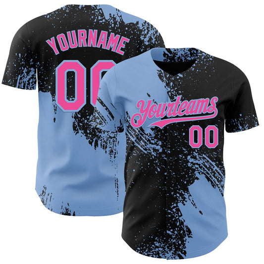 Custom Black Pink-Light Blue Abstract Brush Stroke Authentic Baseball Jersey - Main View