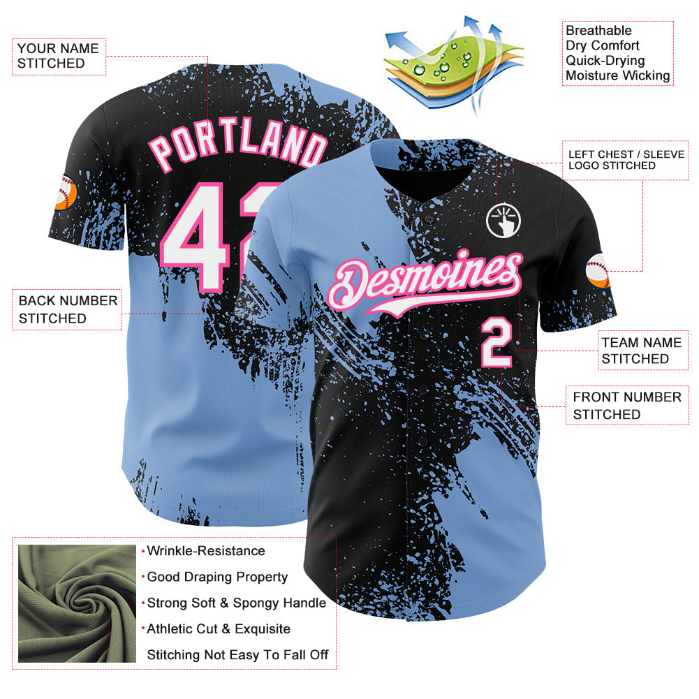 Custom Black White Light Blue-Pink Abstract Brush Stroke Authentic Baseball Jersey view 3