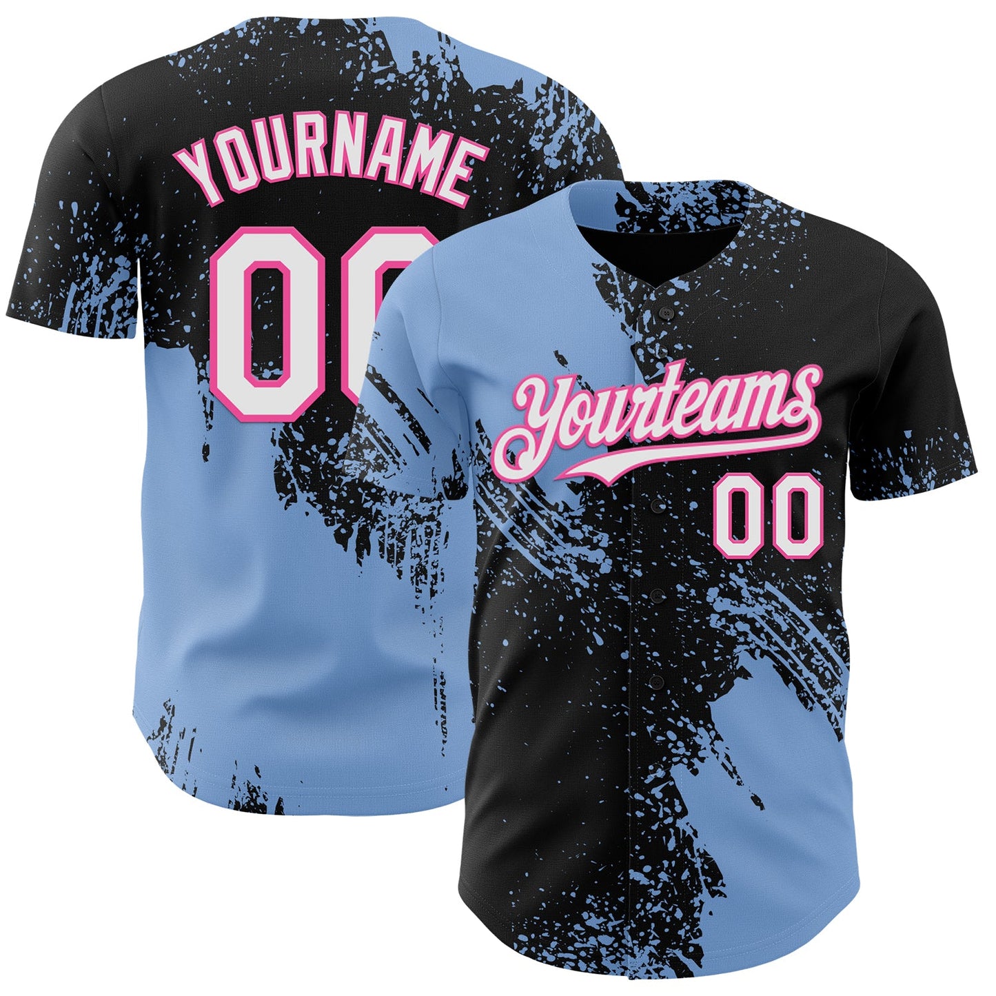 Custom Black White Light Blue-Pink Abstract Brush Stroke Authentic Baseball Jersey - Main View