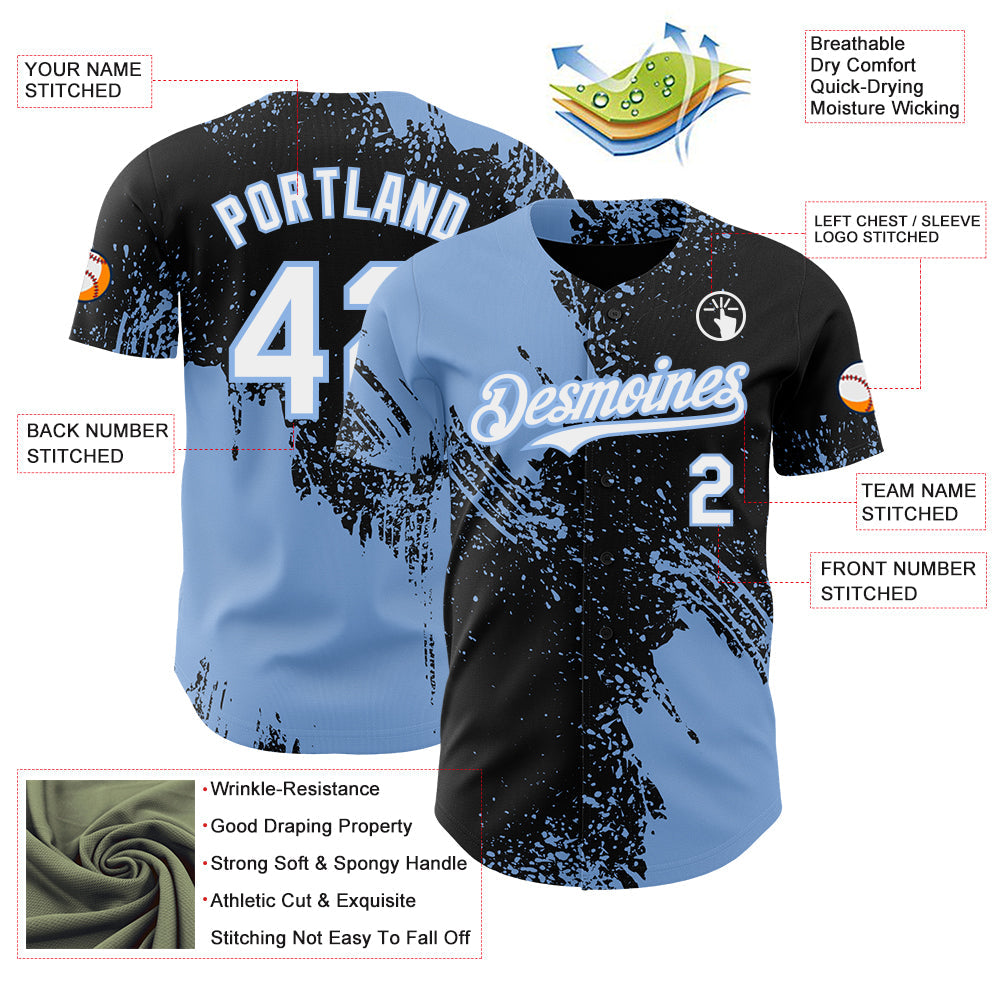 Custom Black White-Light Blue Abstract Brush Stroke Authentic Baseball Jersey view 3