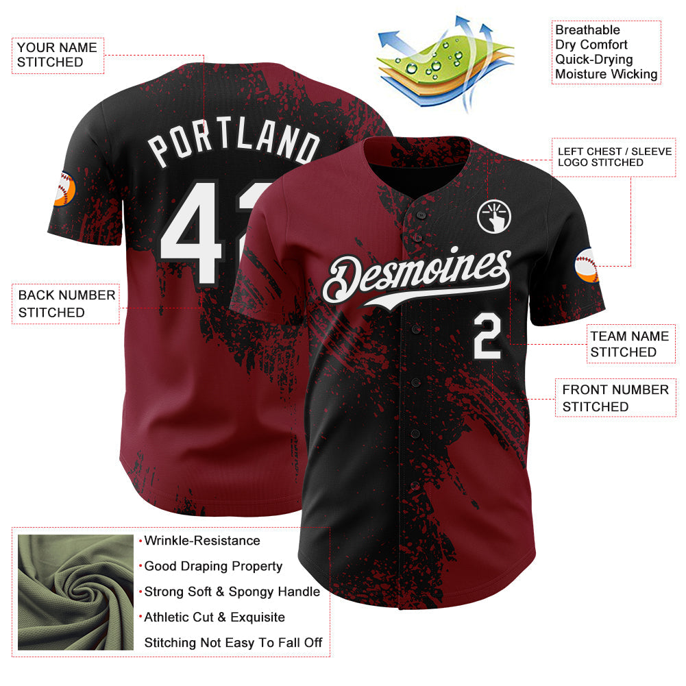 Custom Black White-Crimson Abstract Brush Stroke Authentic Baseball Jersey view 3