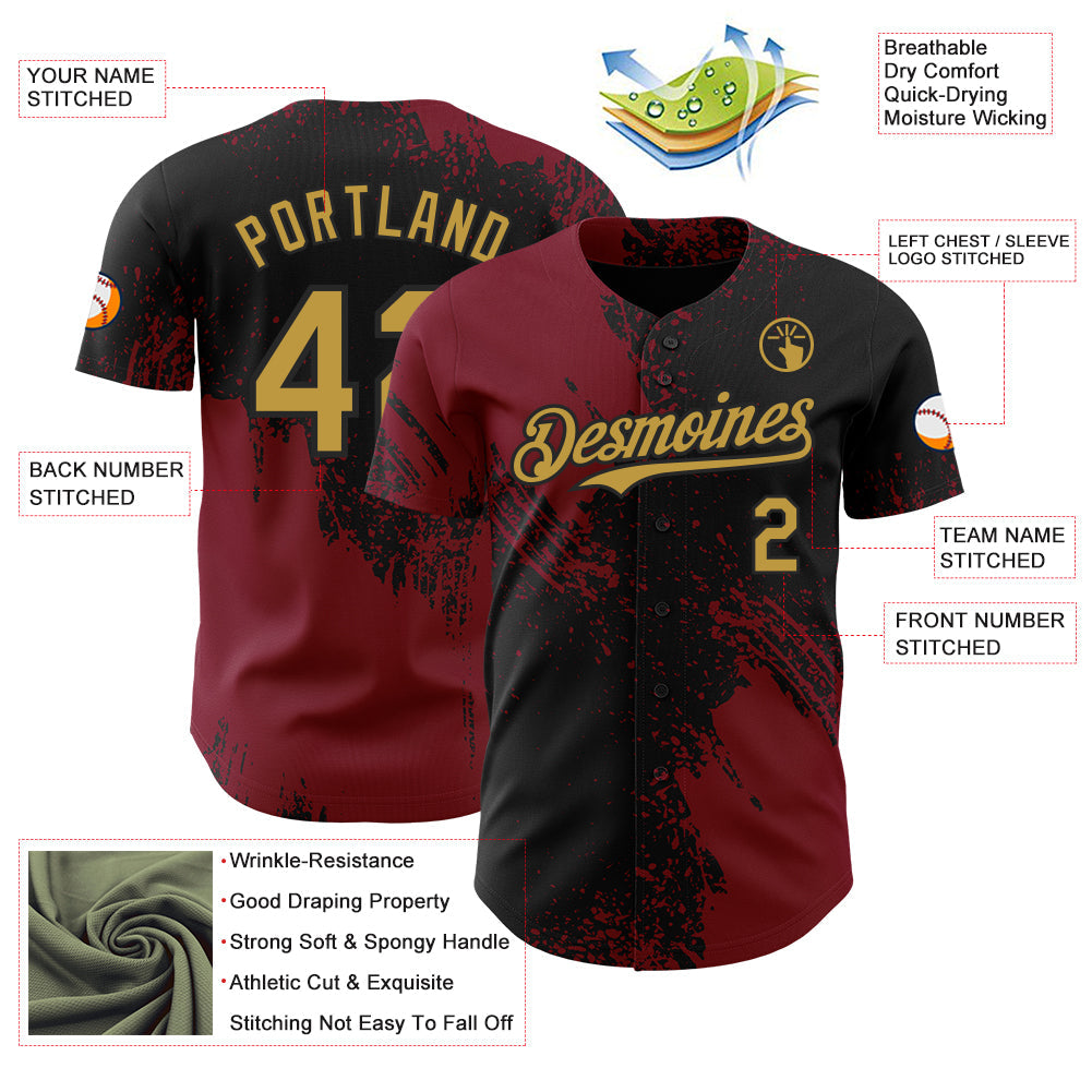 Custom Black Old Gold-Crimson Abstract Brush Stroke Authentic Baseball Jersey view 3