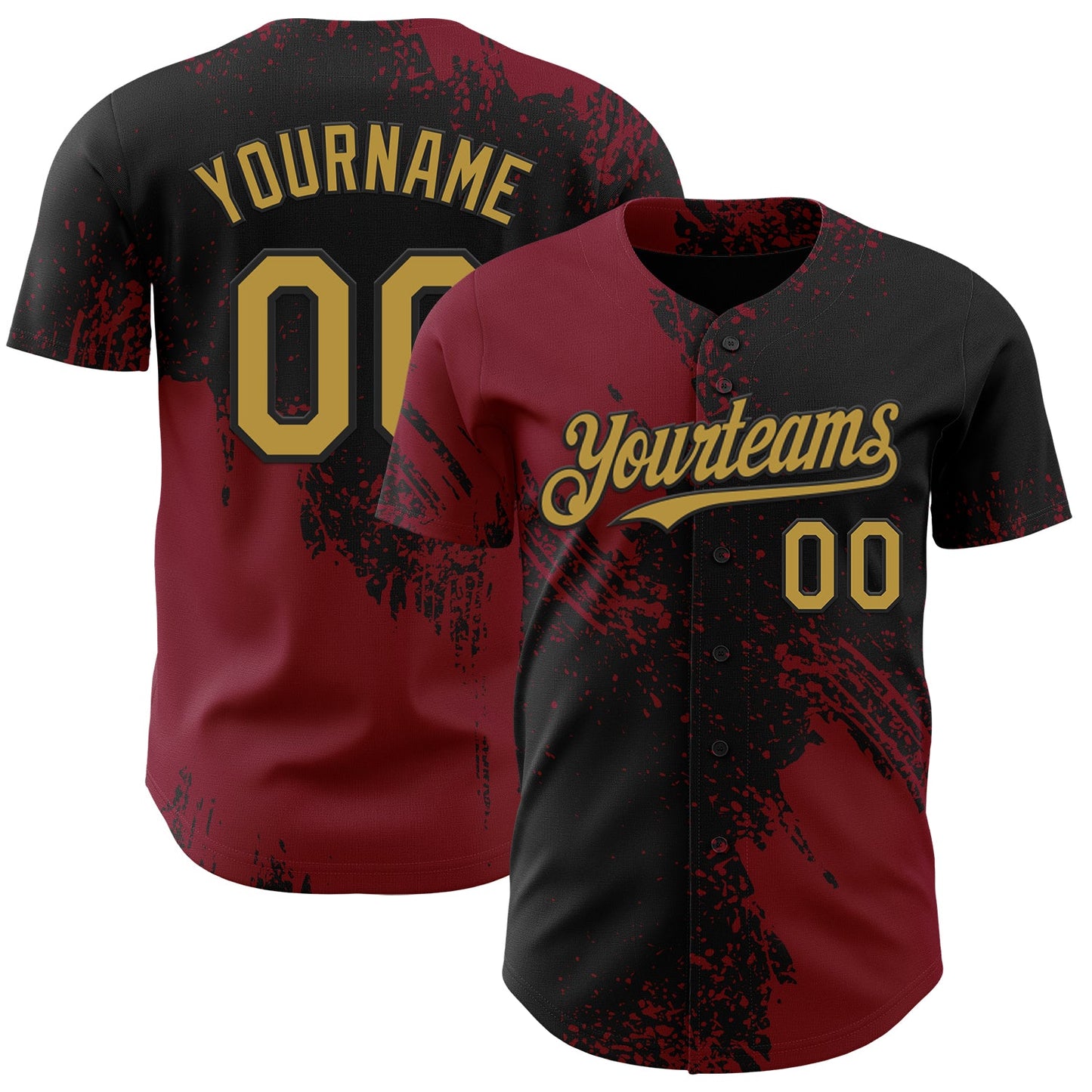 Custom Black Old Gold-Crimson Abstract Brush Stroke Authentic Baseball Jersey - Main View