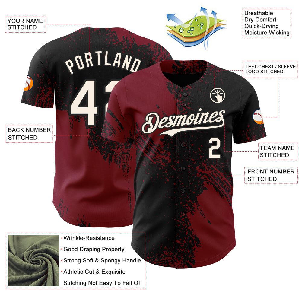 Custom Black Cream-Crimson Abstract Brush Stroke Authentic Baseball Jersey view 3