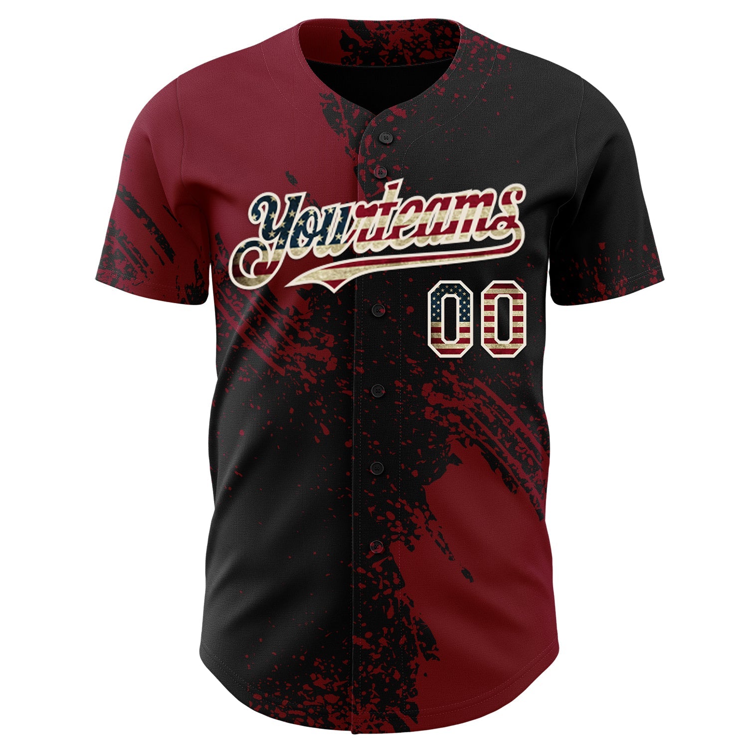 Custom Black Vintage USA Flag Crimson-Cream Abstract Brush Stroke Authentic Baseball Jersey view 2