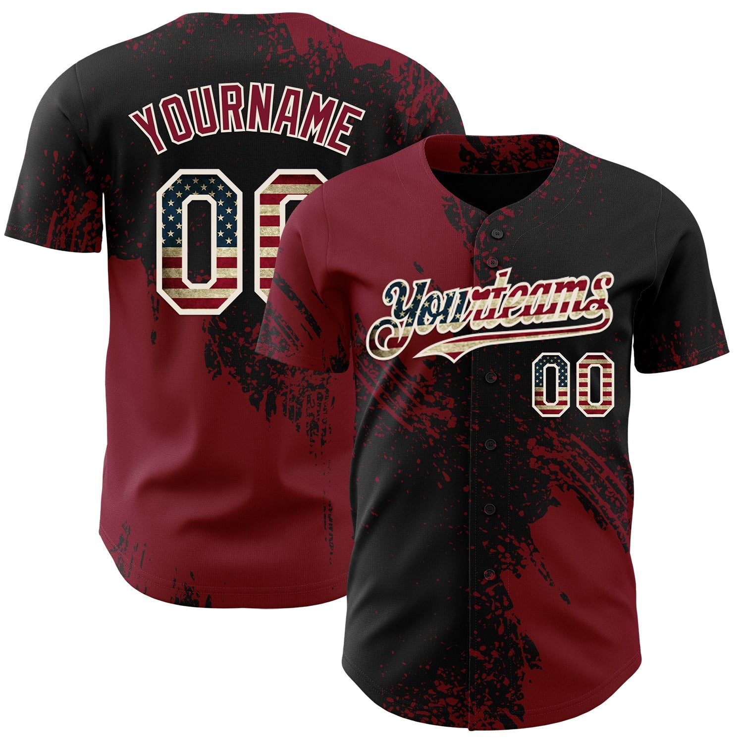Custom Black Vintage USA Flag Crimson-Cream Abstract Brush Stroke Authentic Baseball Jersey - Main View