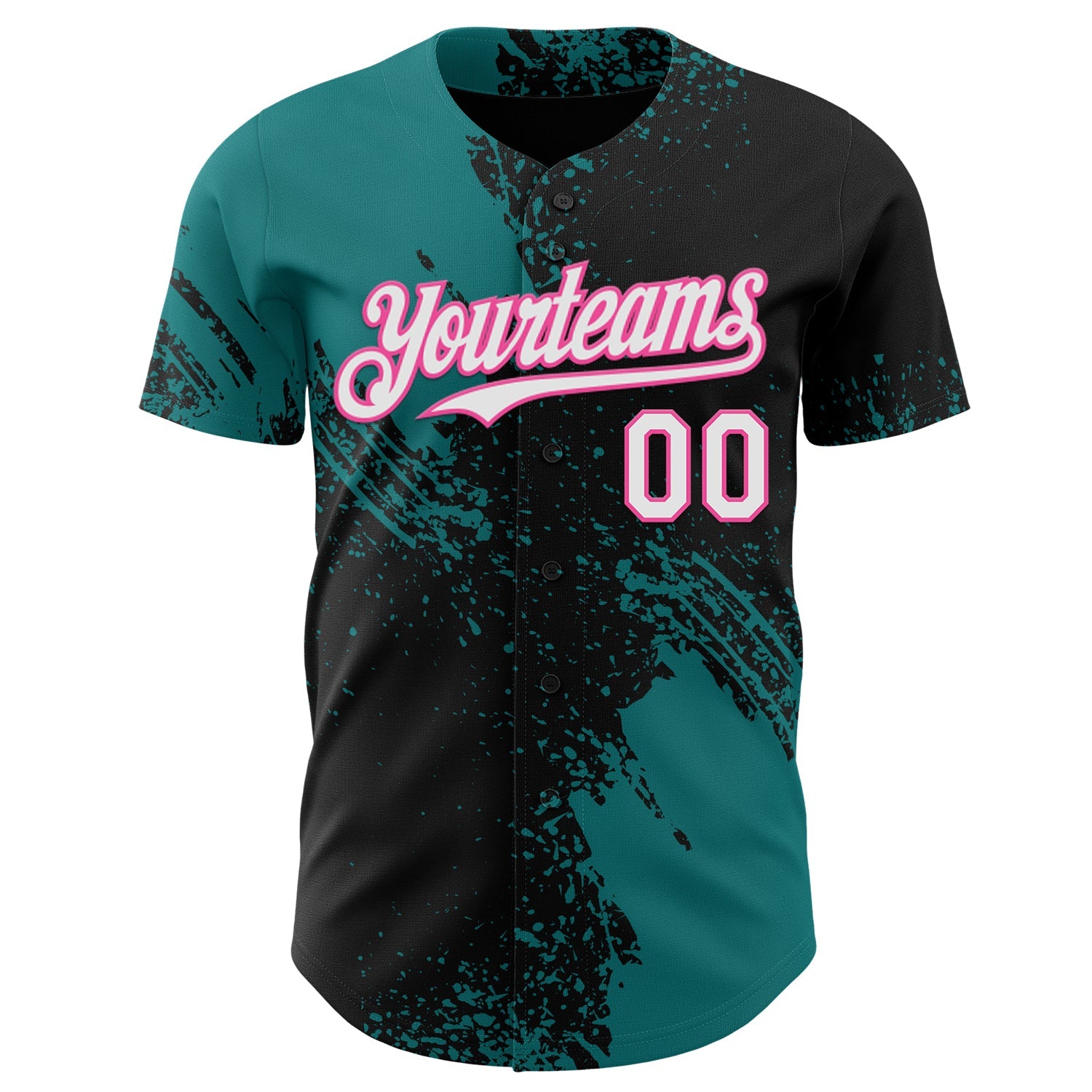 Custom Black White Teal-Pink Abstract Brush Stroke Authentic Baseball Jersey view 2