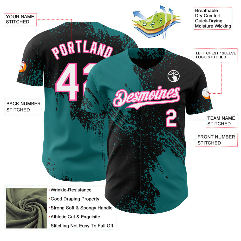Custom Black White Teal-Pink Abstract Brush Stroke Authentic Baseball Jersey view 3