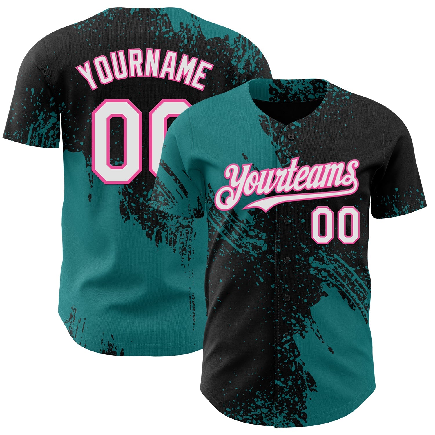 Custom Black White Teal-Pink Abstract Brush Stroke Authentic Baseball Jersey - Main View