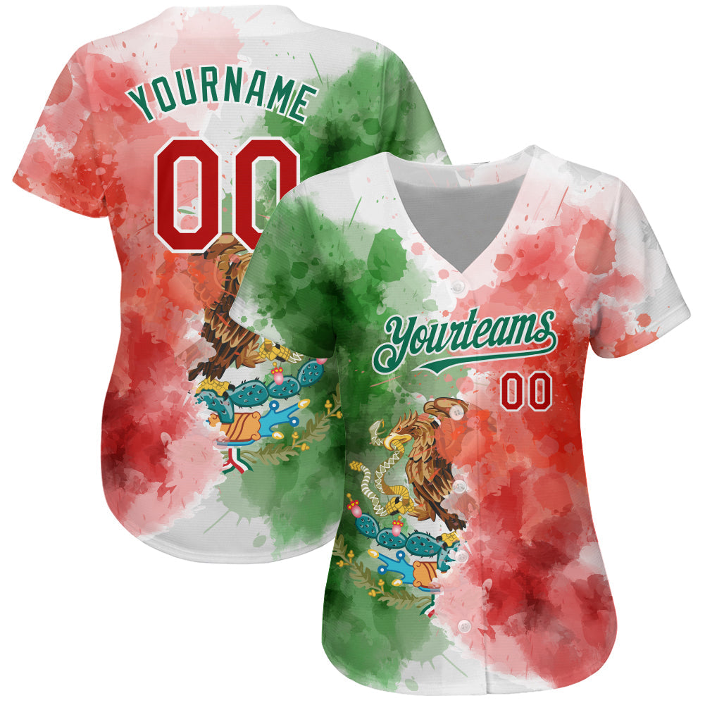 Custom Kelly Green Red-White 3D Mexican Flag Watercolored Splashes Grunge Design Authentic Baseball Jersey view 2
