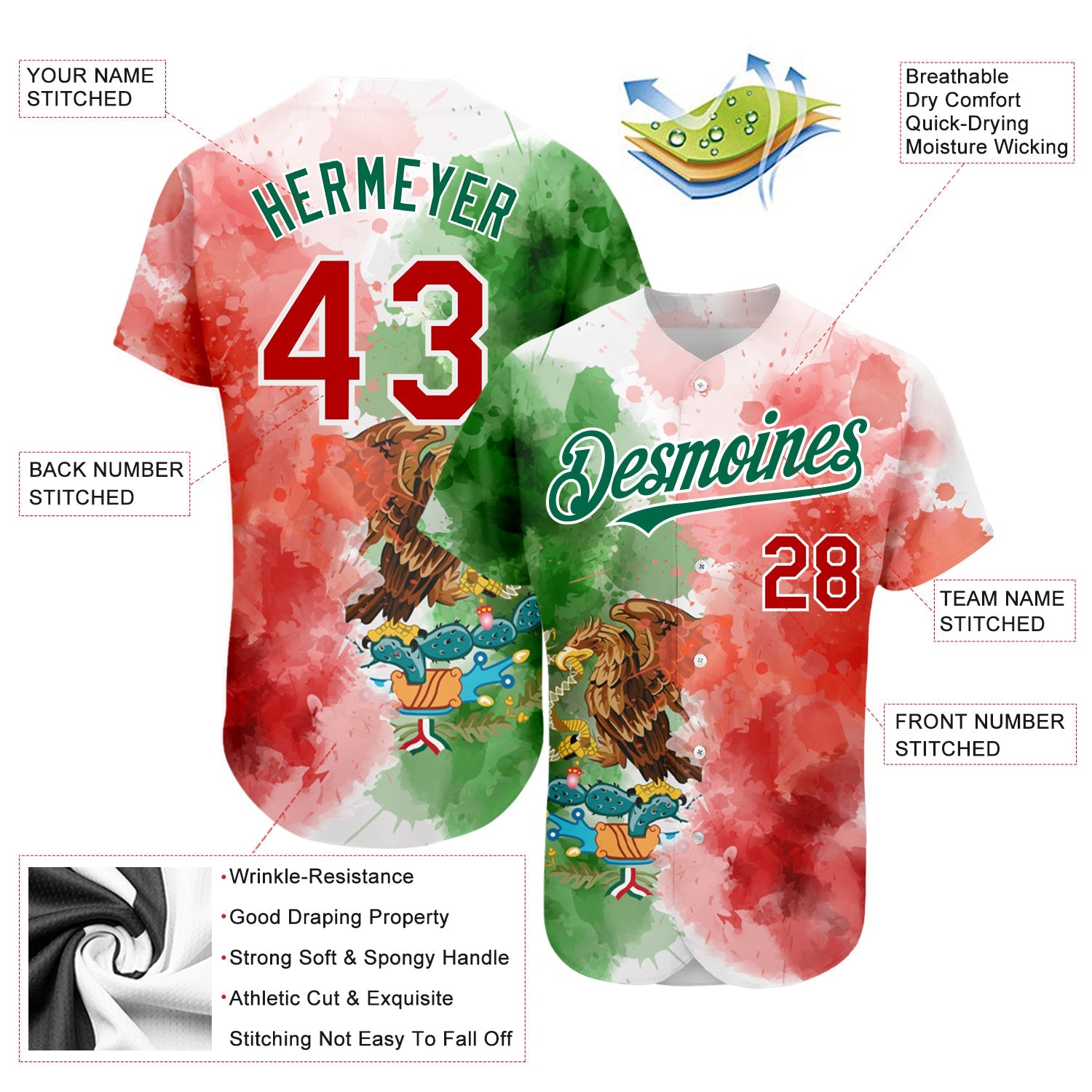 Custom Kelly Green Red-White 3D Mexican Flag Watercolored Splashes Grunge Design Authentic Baseball Jersey view 3
