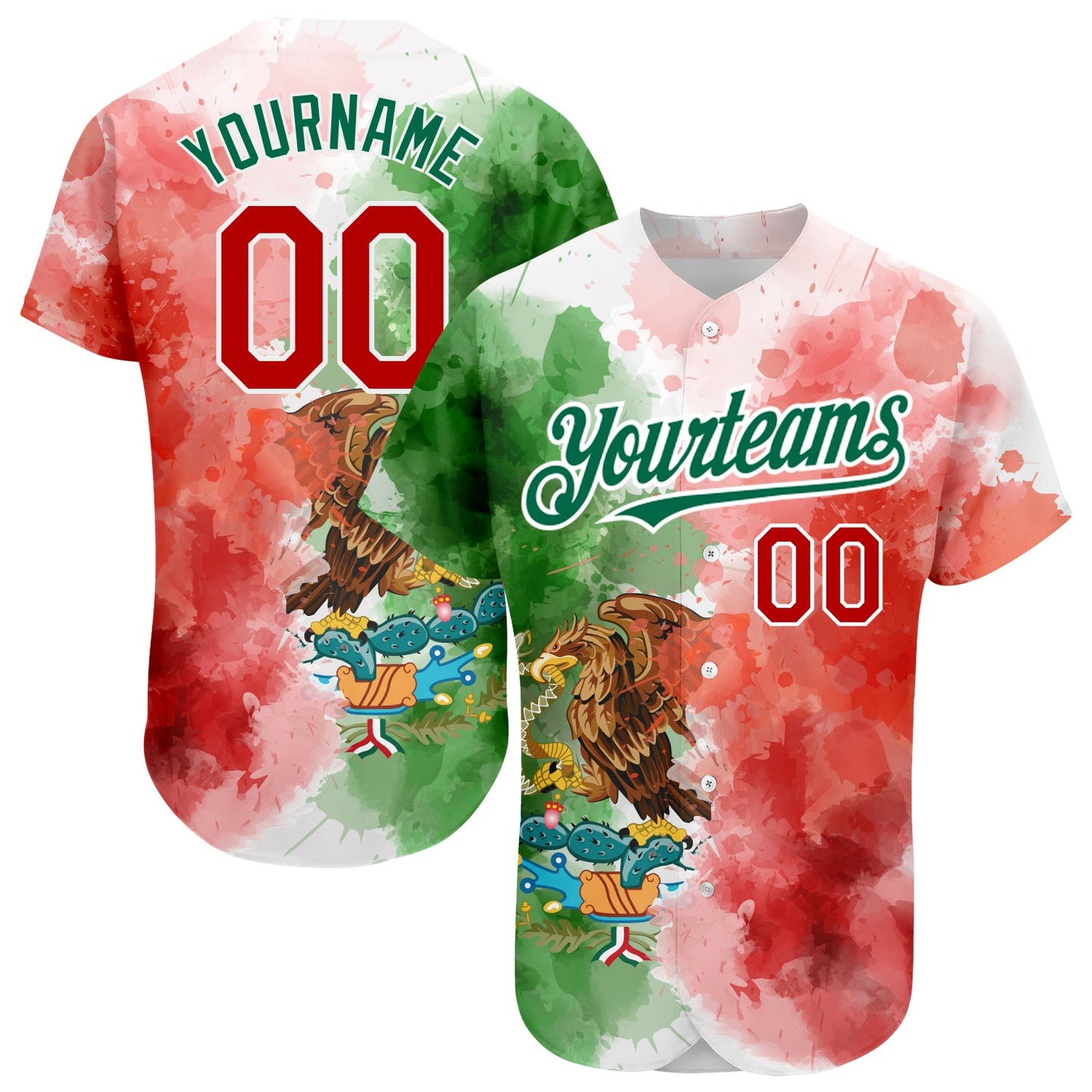 Custom Kelly Green Red-White 3D Mexican Flag Watercolored Splashes Grunge Design Authentic Baseball Jersey - Main View