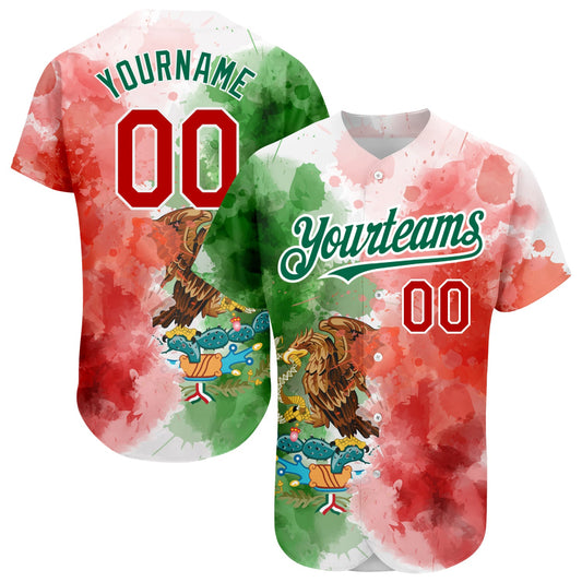 Custom Kelly Green Red-White 3D Mexican Flag Watercolored Splashes Grunge Design Authentic Baseball Jersey - Main View