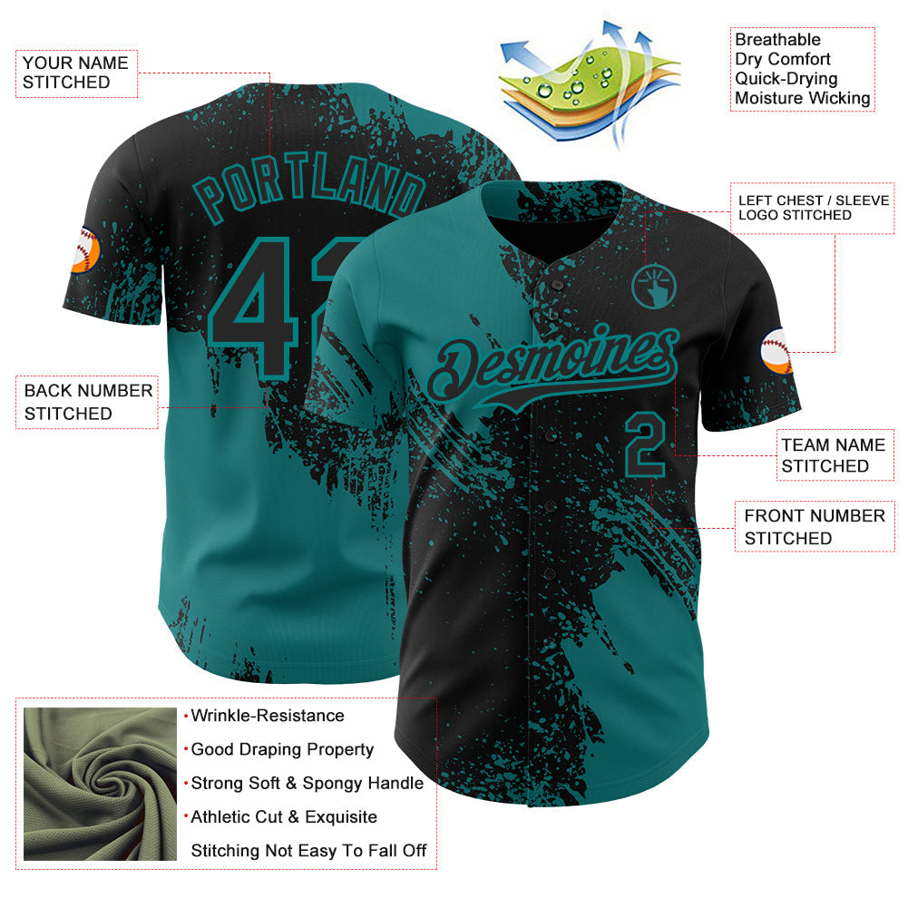 Custom Black-Teal Abstract Brush Stroke Authentic Baseball Jersey view 3