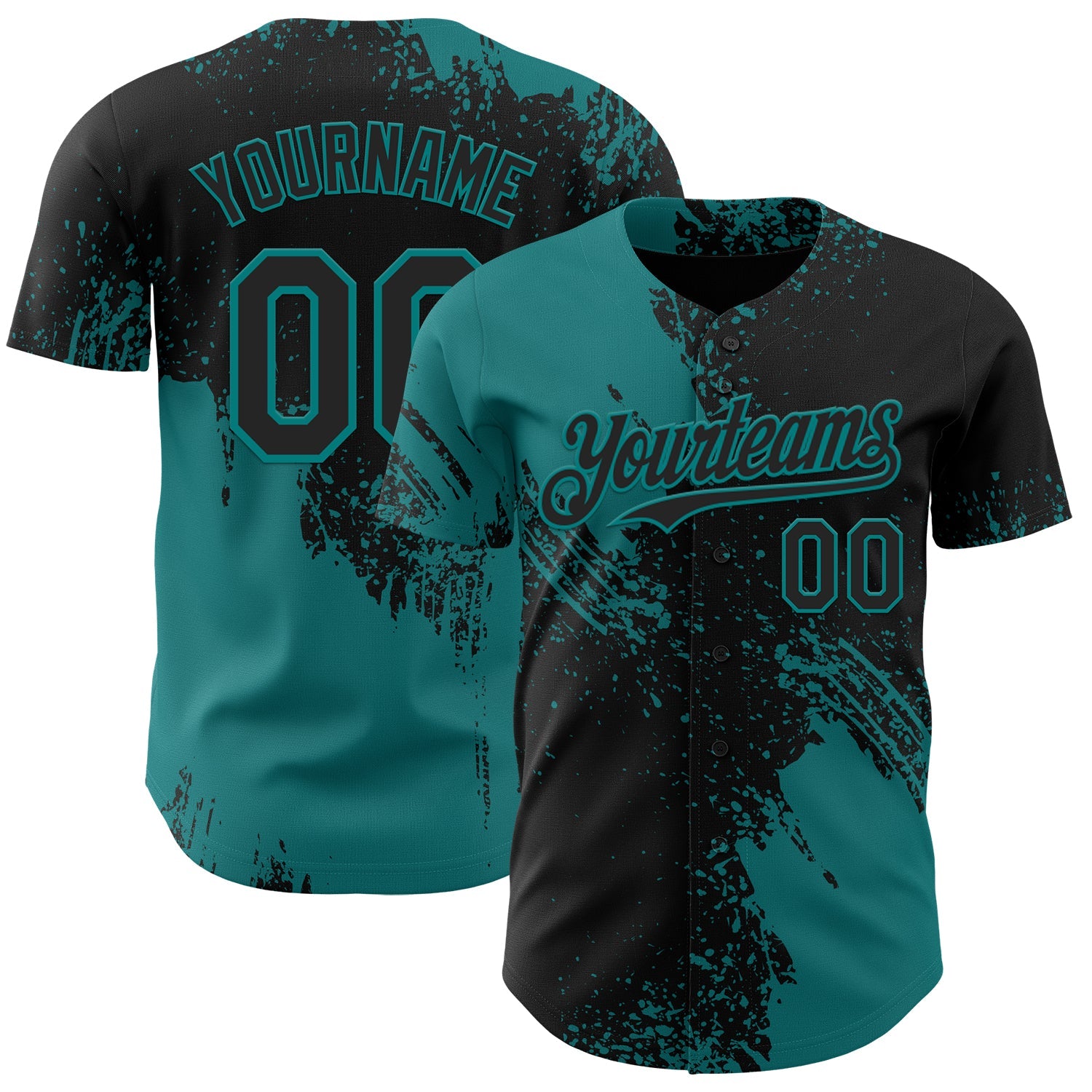 Custom Black-Teal Abstract Brush Stroke Authentic Baseball Jersey - Main View
