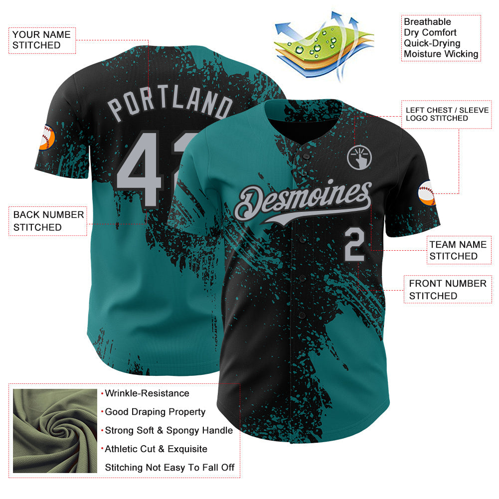 Custom Black Gray-Teal Abstract Brush Stroke Authentic Baseball Jersey view 3