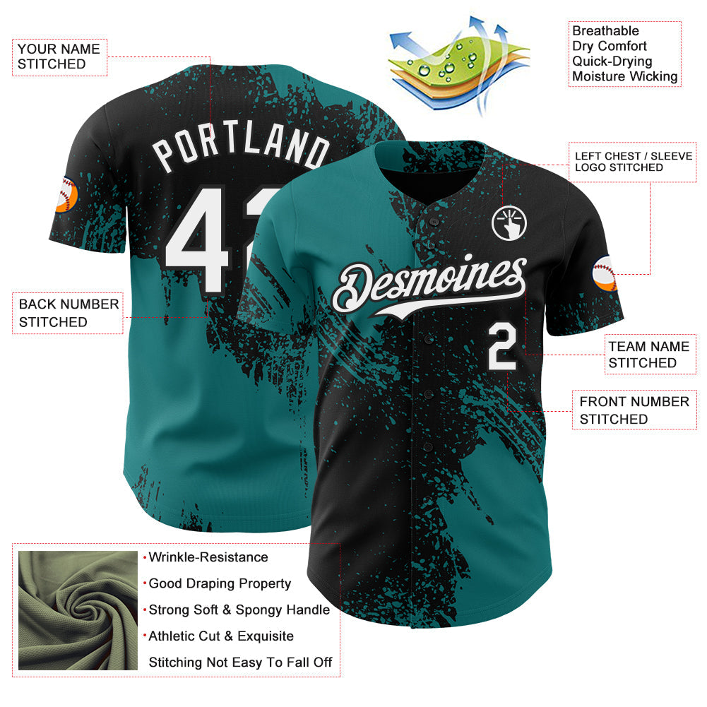 Custom Black White-Teal Abstract Brush Stroke Authentic Baseball Jersey view 3