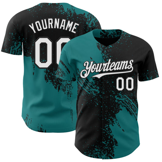 Custom Black White-Teal Abstract Brush Stroke Authentic Baseball Jersey - Main View