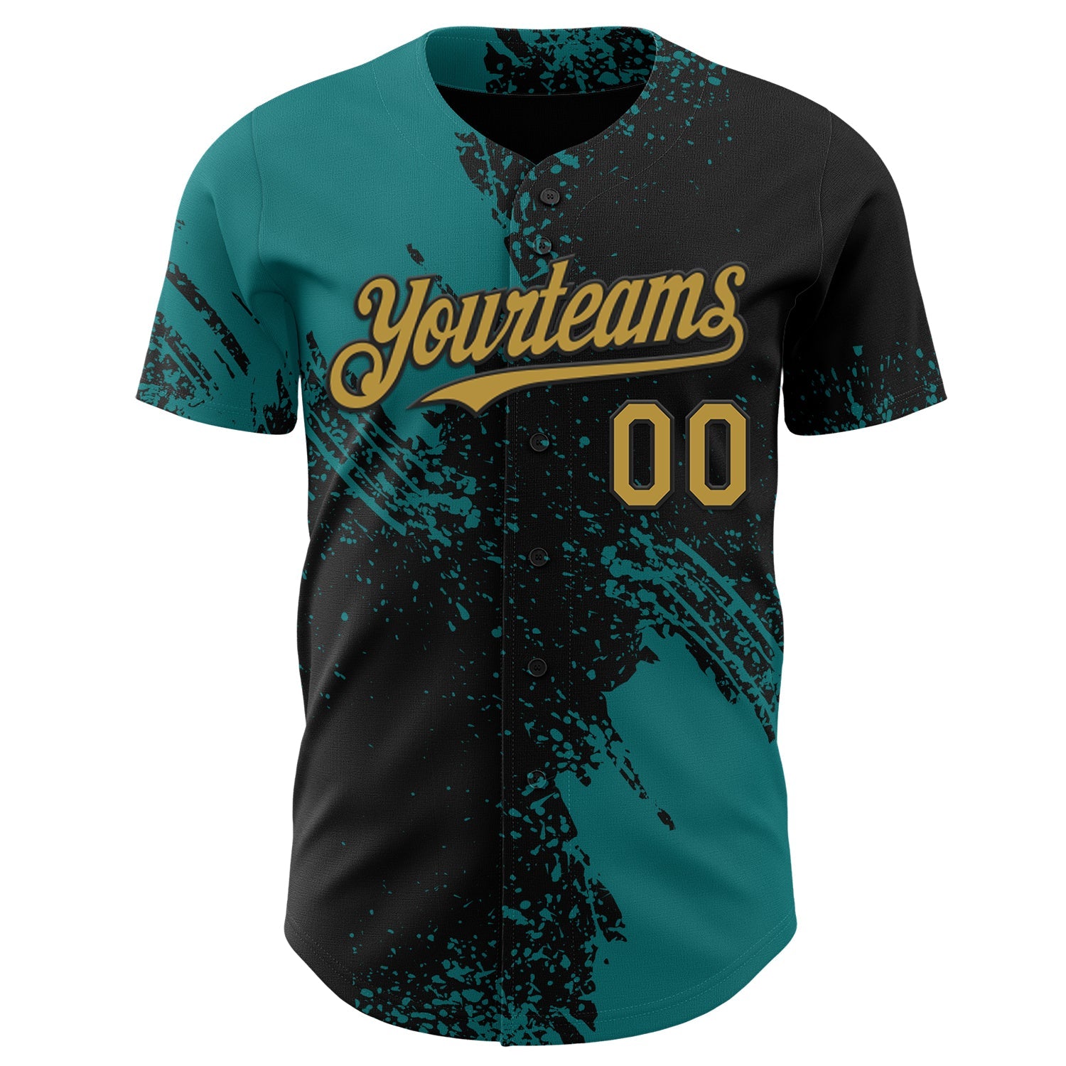 Custom Black Old Gold-Teal Abstract Brush Stroke Authentic Baseball Jersey view 2