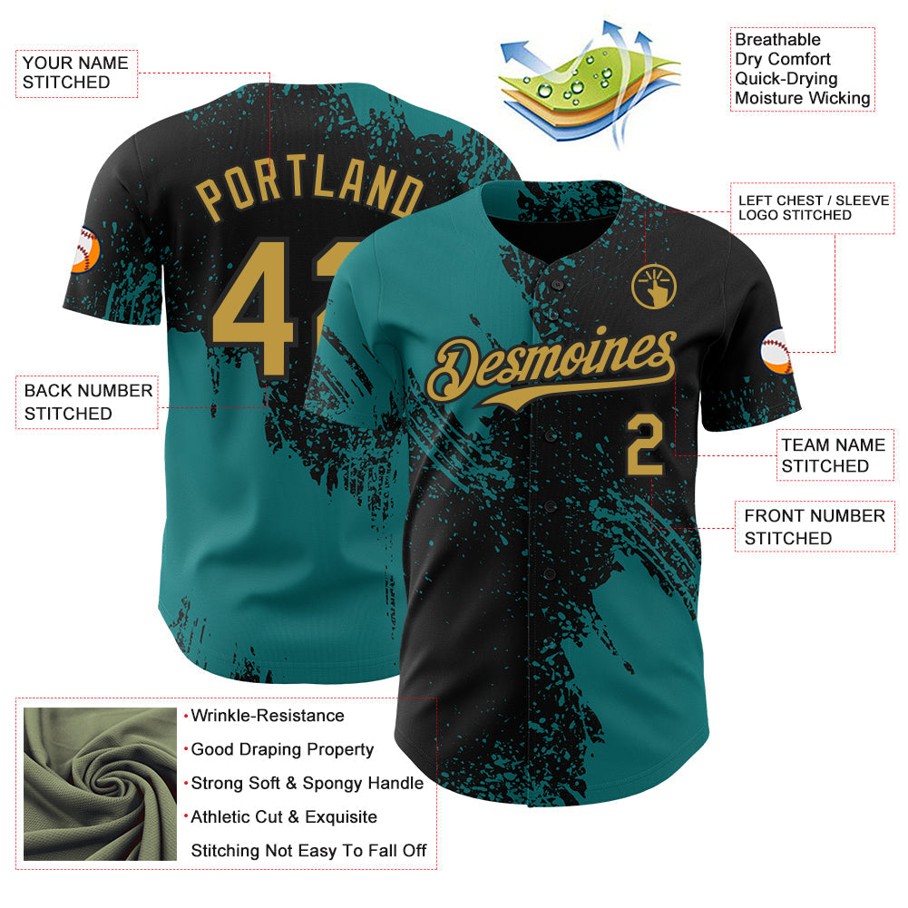 Custom Black Old Gold-Teal Abstract Brush Stroke Authentic Baseball Jersey view 3