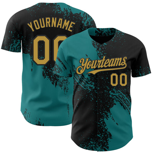 Custom Black Old Gold-Teal Abstract Brush Stroke Authentic Baseball Jersey - Main View