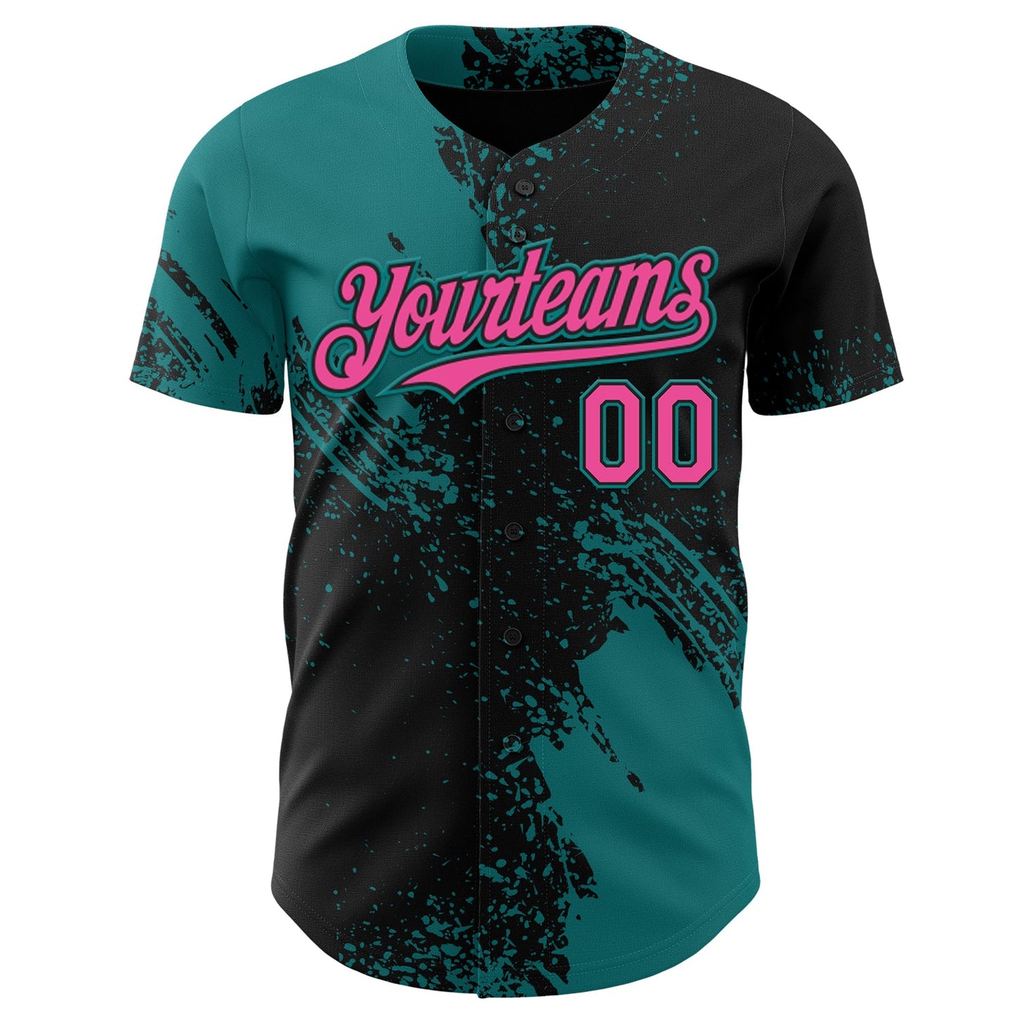 Custom Black Pink-Teal Abstract Brush Stroke Authentic Baseball Jersey view 2