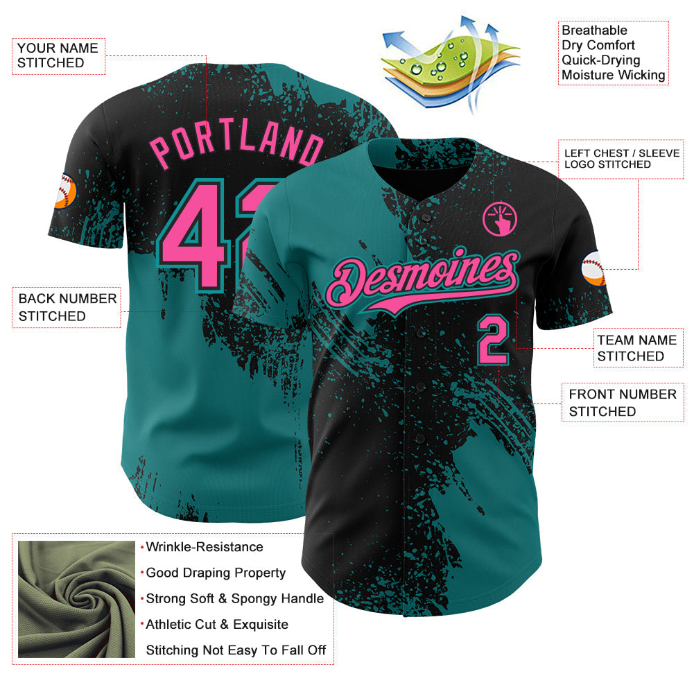 Custom Black Pink-Teal Abstract Brush Stroke Authentic Baseball Jersey view 3