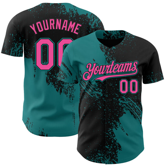 Custom Black Pink-Teal Abstract Brush Stroke Authentic Baseball Jersey - Main View