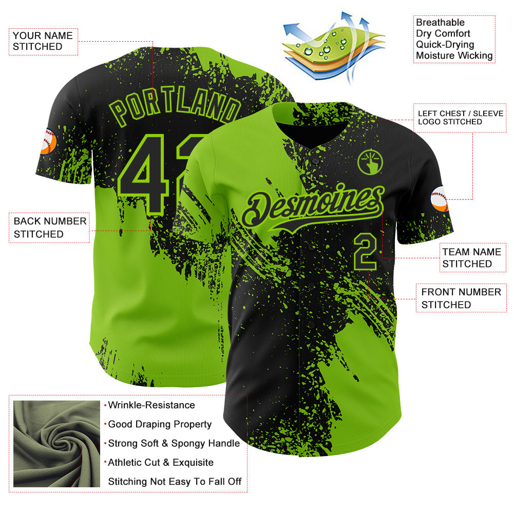 Custom Black-Neon Green Abstract Brush Stroke Authentic Baseball Jersey view 3