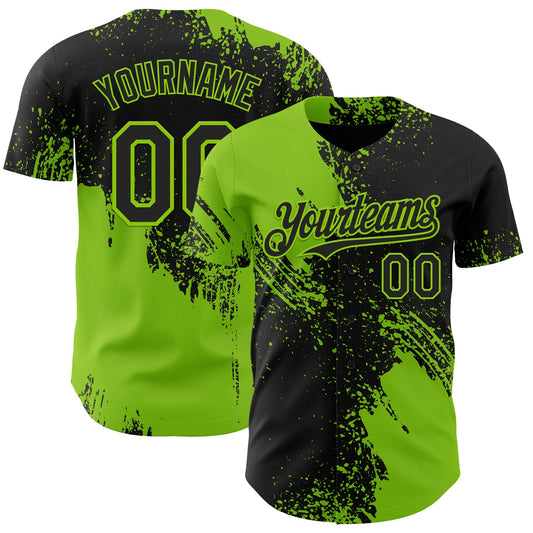 Custom Black-Neon Green Abstract Brush Stroke Authentic Baseball Jersey - Main View