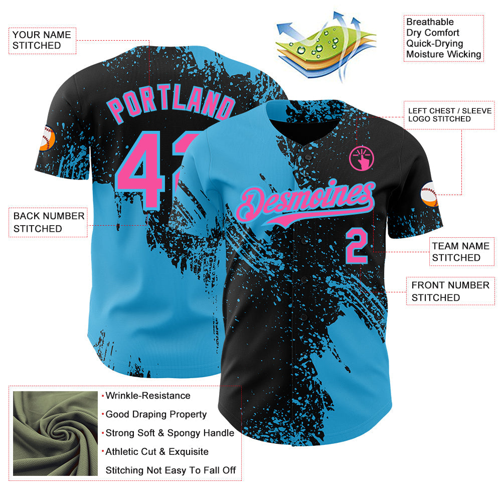 Custom Black Pink-Sky Blue Abstract Brush Stroke Authentic Baseball Jersey view 3