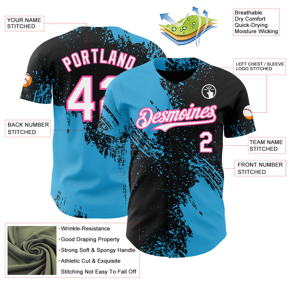 Custom Black White Sky Blue-Pink Abstract Brush Stroke Authentic Baseball Jersey view 3