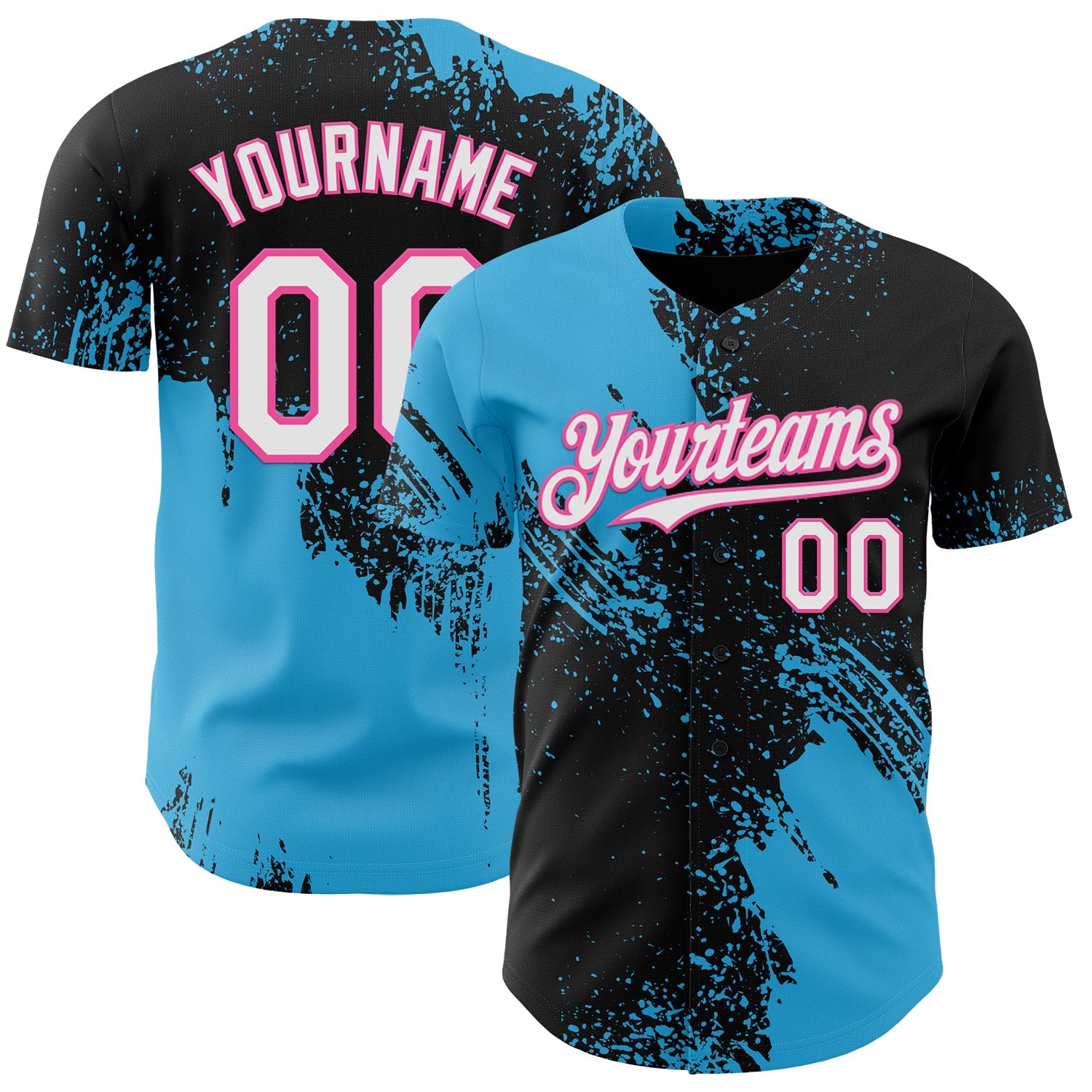 Custom Black White Sky Blue-Pink Abstract Brush Stroke Authentic Baseball Jersey - Main View