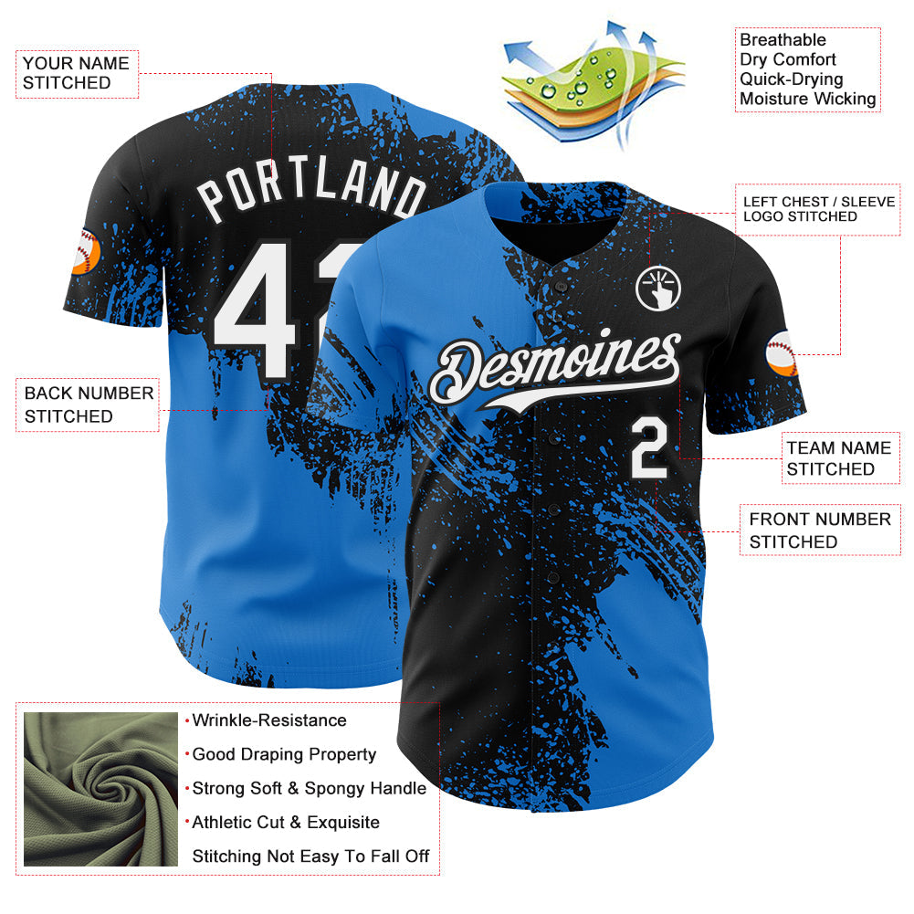 Custom Black White-Electric Blue Abstract Brush Stroke Authentic Baseball Jersey view 3