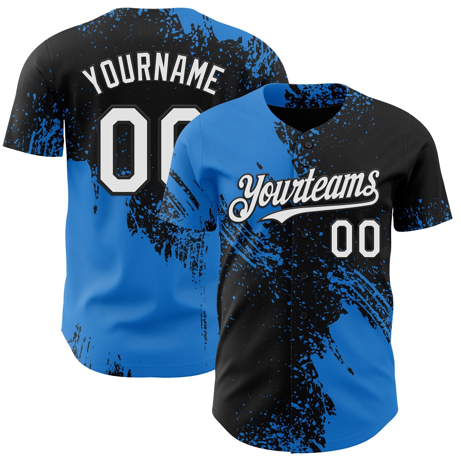 Custom Black White-Electric Blue Abstract Brush Stroke Authentic Baseball Jersey - Main View