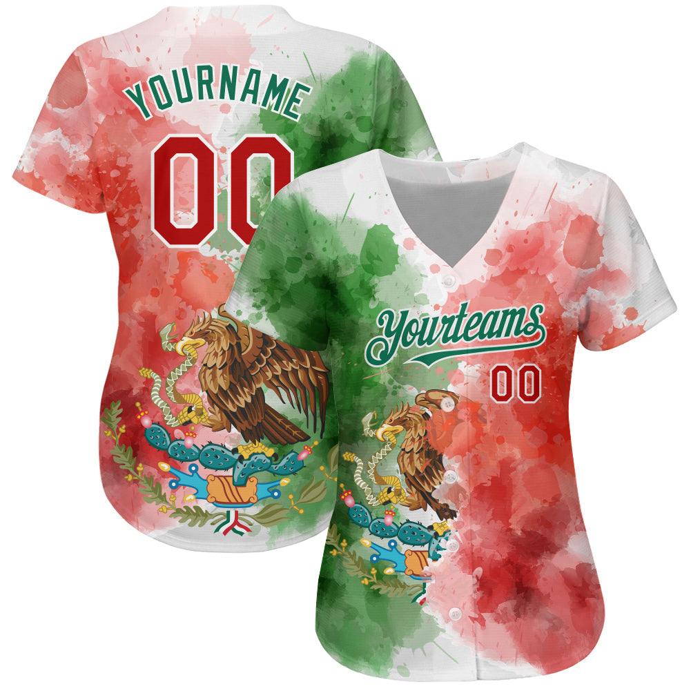 Custom Kelly Green Red-White 3D Mexican Flag Watercolored Splashes Grunge Design Authentic Baseball Jersey view 2