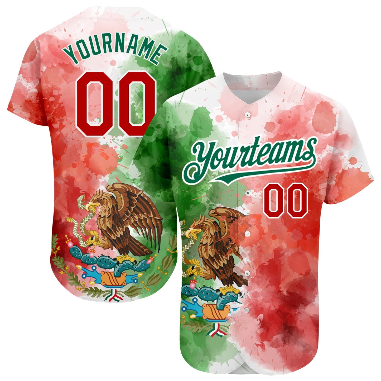 Custom Kelly Green Red-White 3D Mexican Flag Watercolored Splashes Grunge Design Authentic Baseball Jersey - Main View