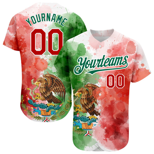 Custom Kelly Green Red-White 3D Mexican Flag Watercolored Splashes Grunge Design Authentic Baseball Jersey - Main View