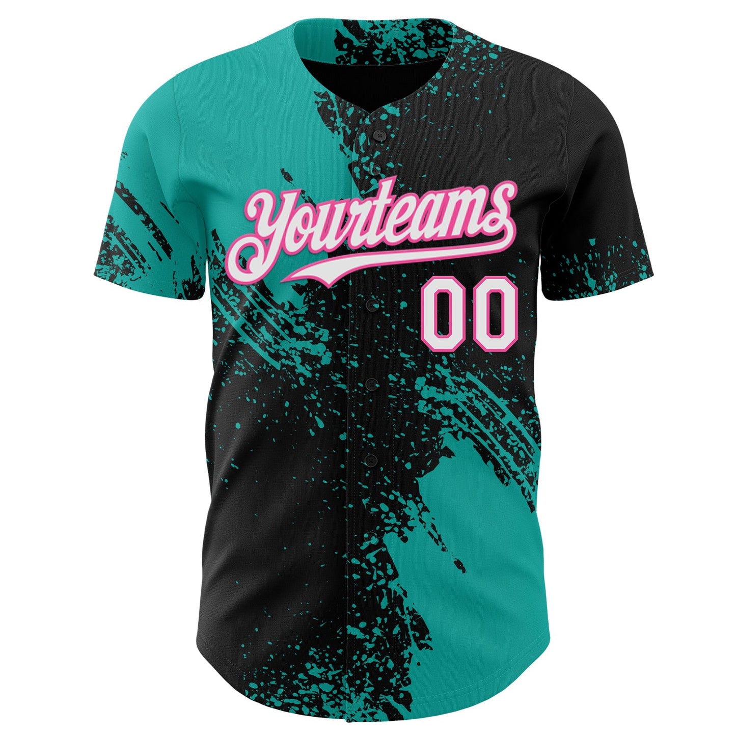 Custom Black White Aqua-Pink Abstract Brush Stroke Authentic Baseball Jersey view 2