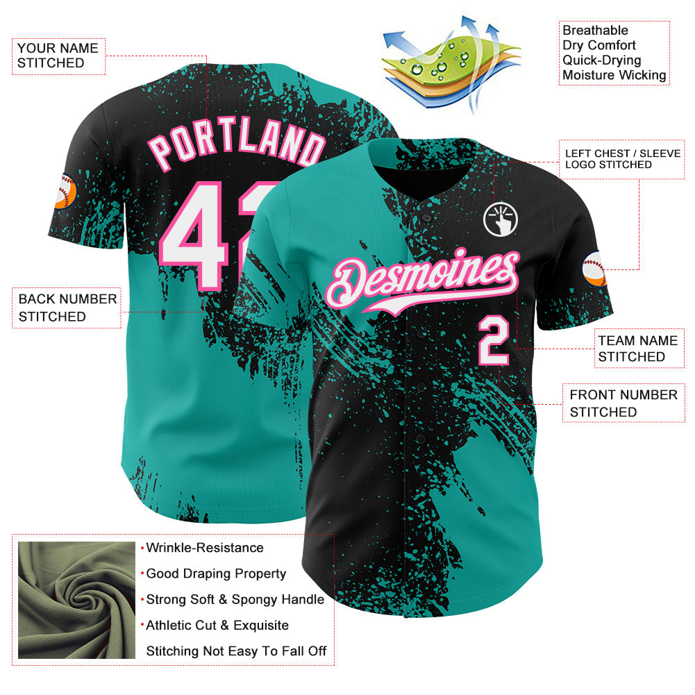 Custom Black White Aqua-Pink Abstract Brush Stroke Authentic Baseball Jersey view 3