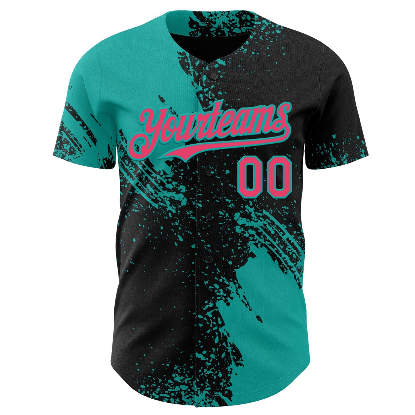 Custom Black Neon Pink-Aqua Abstract Brush Stroke Authentic Baseball Jersey view 2