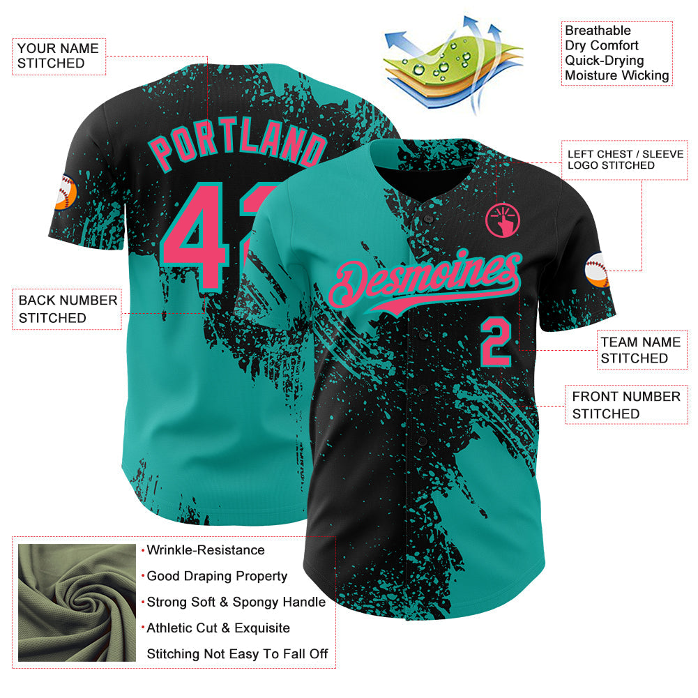Custom Black Neon Pink-Aqua Abstract Brush Stroke Authentic Baseball Jersey view 3