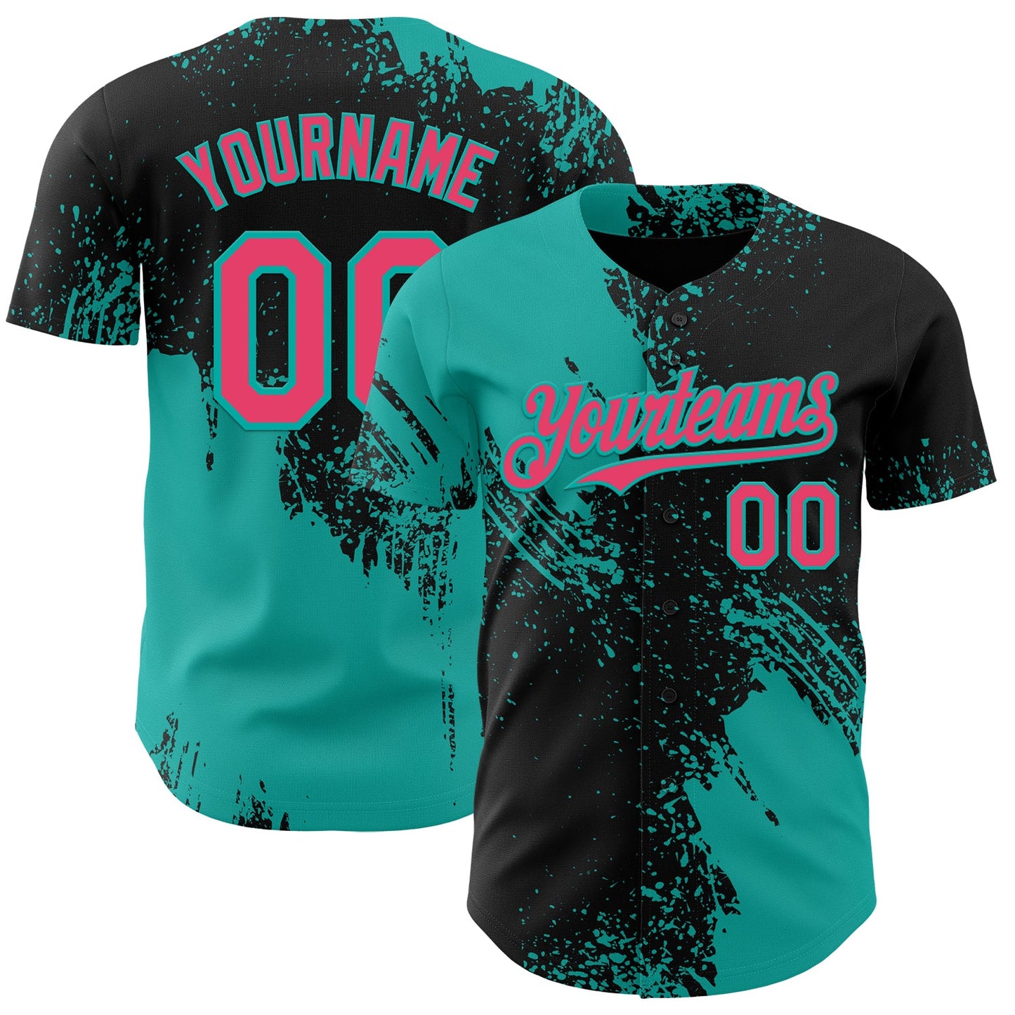 Custom Black Neon Pink-Aqua Abstract Brush Stroke Authentic Baseball Jersey - Main View