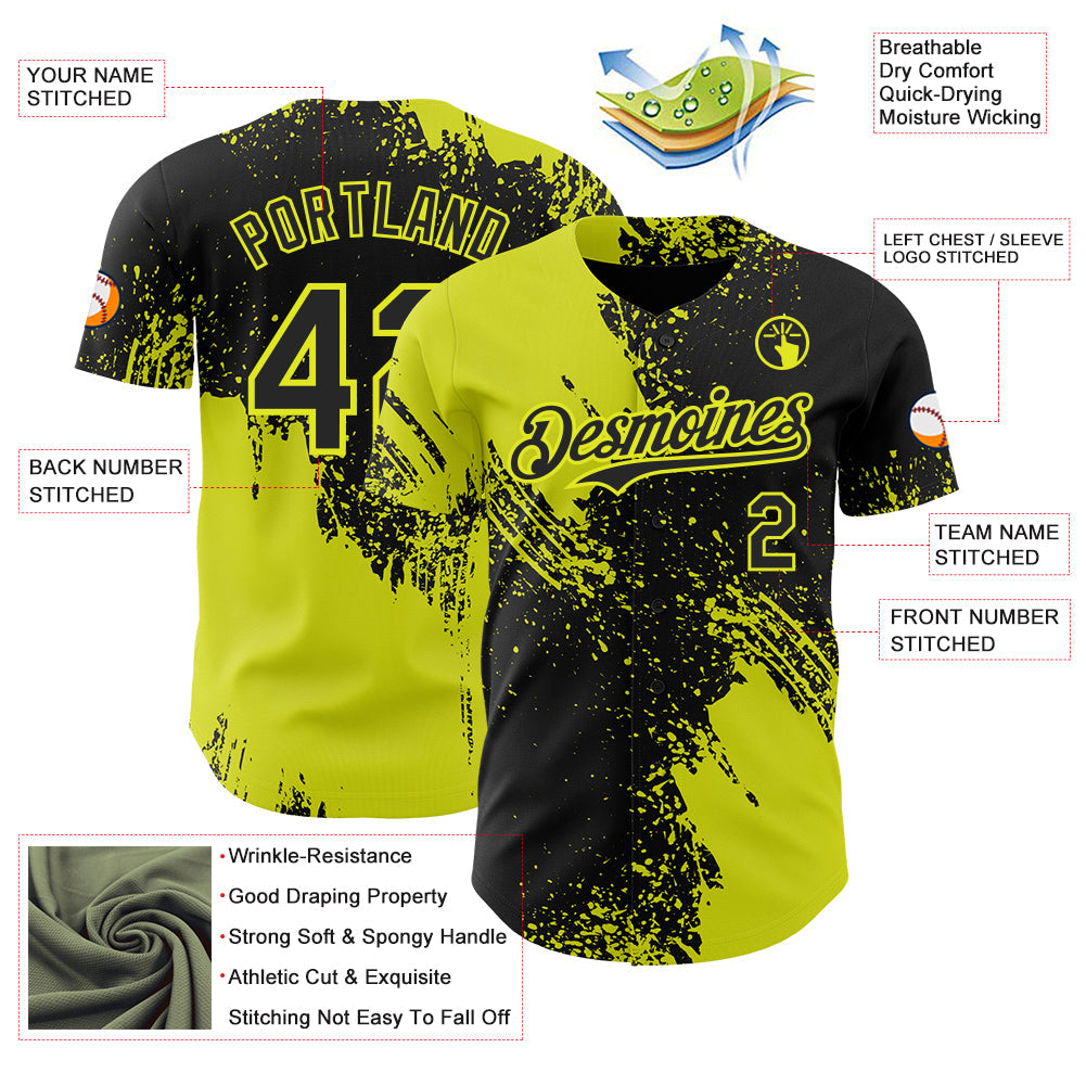 Custom Black-Neon Yellow Abstract Brush Stroke Authentic Baseball Jersey view 3