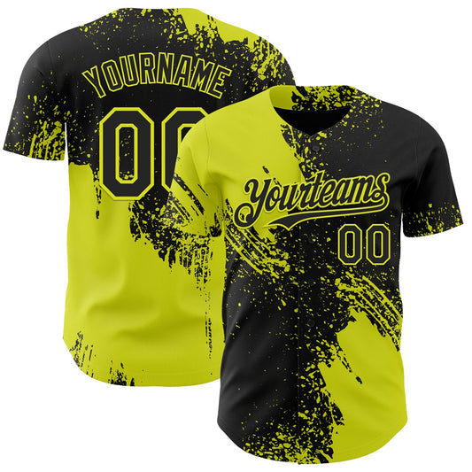 Custom Black-Neon Yellow Abstract Brush Stroke Authentic Baseball Jersey - Main View