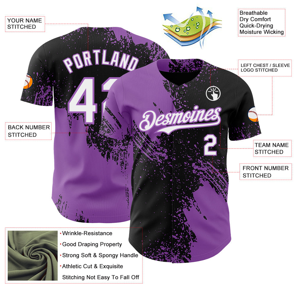 Custom Black White-Medium Purple Abstract Brush Stroke Authentic Baseball Jersey view 3