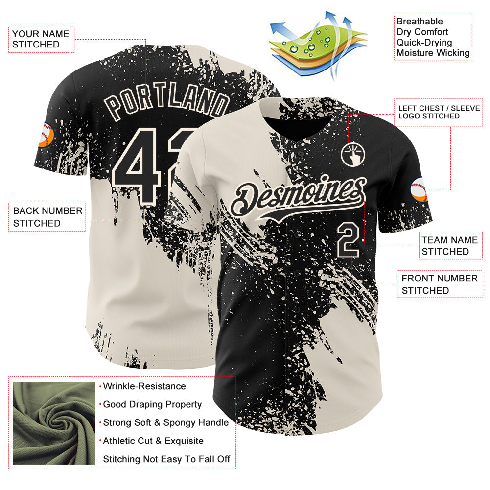 Custom Black-Cream Abstract Brush Stroke Authentic Baseball Jersey view 3
