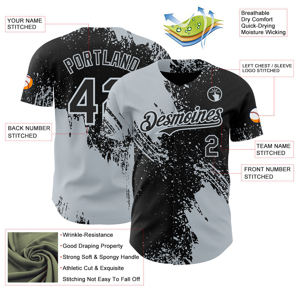 Custom Black-Silver Abstract Brush Stroke Authentic Baseball Jersey view 3