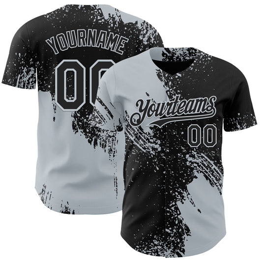 Custom Black-Silver Abstract Brush Stroke Authentic Baseball Jersey - Main View