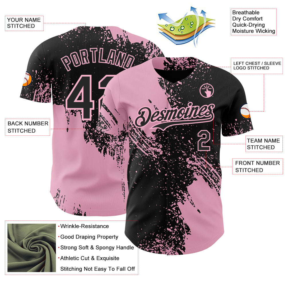 Custom Black-Light Pink Abstract Brush Stroke Authentic Baseball Jersey view 3